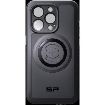 The Xtreme SPC+ Case iPhone 15 Pro by Sp Connect is a black MagSafe-compatible case with a large circular mount, multiple camera cutouts at the upper left, and SP printed near the bottom.