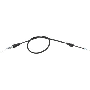 The Yamaha Black Vinyl Throttle Cable 33 1/2 by Moose Offroad features metal fittings, a pre-lubricated nylon sleeve for smooth operation, and is ideal as a control or throttle cable for motorcycles or small machinery; shown on a white background.