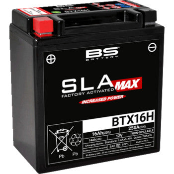 Black rectangular BS Battery BTX16H SLA Max with red positive terminal cap and white labeling details.