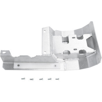 A silver 6061 aluminum Swingarm Skid Plate by Dg Performance with several cutouts and mounting holes, shown on a white background with four small screws lined up below the bracket.