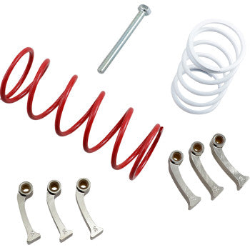 The Clutch Kit by Epi includes a red spring, white spring, metal bolt, and four silver lever arms—perfect for boosting low-range acceleration and throttle response. All items are arranged on a white background.