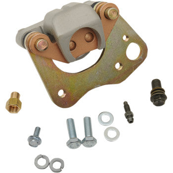 The Polaris Brake Caliper Right by Quad Logic is a metal automotive mounting bracket assembly with bolts, washers, and screws. Featuring a gray and bronze finish with multiple openings, it’s a reliable OEM alternative for your vehicle.