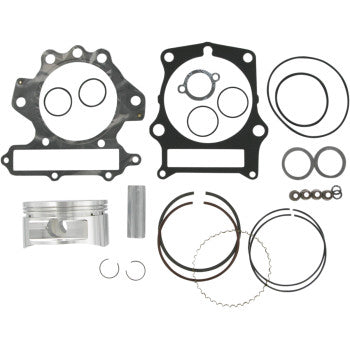 The Yamaha Piston Kit with Gaskets 97.00 mm by Wiseco, including piston, rings, metal gasket plates, o-rings, washers, and circular clips, is arranged neatly on a white background.