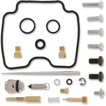 The Yamaha Carburetor Repair Kit by Moose Offroad is shown on a white background, featuring fuel-resistant NBR O-rings, gaskets, jets, screws, springs, and assorted small metal parts neatly arranged.