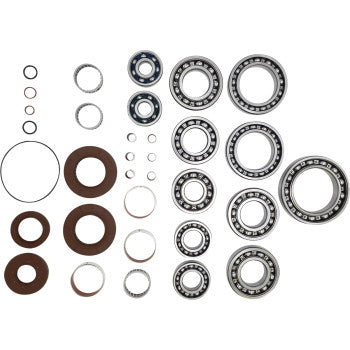 The Polaris Ranger Transaxle Bearing Seal Kit by Moose Offroad includes EMQ quality bearings, O-rings, rubber seals, and washers in various sizes, all neatly arranged for easy identification.
