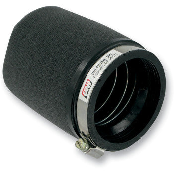 The Pod Air Filter Black Centered by Uni Filter is a seamless black foam cylindrical air filter with a metal clamp, label, and urethane mounting base for optimal airflow in engines or machinery.
