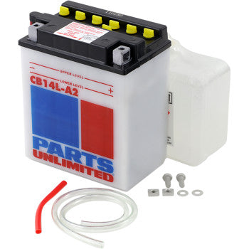 The Battery YB14L A2 by Parts Unlimited is a rectangular white motorcycle battery with red and blue graphics, yellow caps, included accessories, and a lead calcium alloy for increased cranking power—perfect for heavy-duty use.