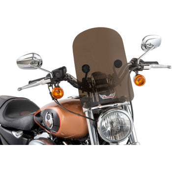 A motorcycle with a Slipstreamer Tombstone Windshield 14 tinted, quick-release system, chrome handlebars, side mirrors, and orange turn signals, viewed from the front.
