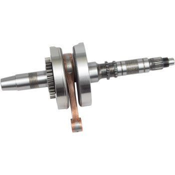 The Honda Crankshaft Assembly OEM Stroke by Hot Rods features two large circular webs, gear teeth, and a connecting rod, engineered to meet OEM specifications for internal combustion engines.
