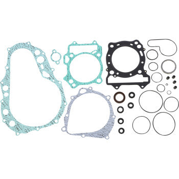 The Kawasaki - Suzuki Gasket Kit Complete by Prox includes assorted high-quality green, black, and gray flat gaskets, valve stem seals, various O-rings, and rubber parts neatly arranged on a white background.