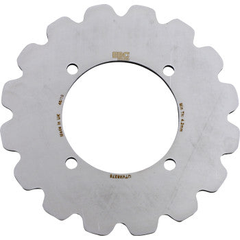 The Polaris UTV Rotor by EBC is a heat-treated stainless steel disc with evenly spaced rounded edge notches, a large central hole, three smaller center holes, engraved text, and a smooth reflective finish.