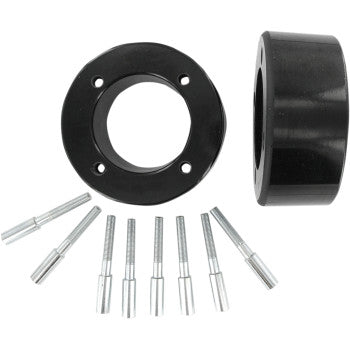 The Yamaha Wheel Spacer Easy Fit 2.5 4/110 Front & Rear Kit by Dura Blue includes two black spacers with four holes each and six metal bolts, all arranged neatly on a white background.