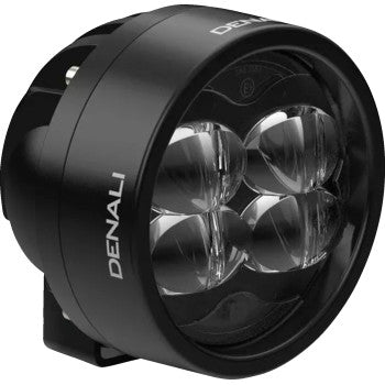 A black, round DENALI D3 with DataDim™ LED fog light pod featuring four clear lenses, designed for vehicles or motorcycles, shown angled on a white background.