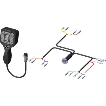 A digital illustration of the All Control Pro-V Plow Hand Remote by Kfi Products displays its cord connected to a wiring harness branching into multiple color-coded connectors, similar to those in UTV winch controller systems.