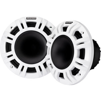 Pair of round 6.5-inch Kicker speakers with white plastic grilles and black cone centers.
