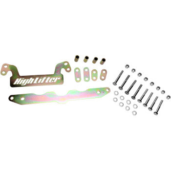 The Lift Kit Front Back 2.00 by High Lifter includes brackets, plates, bolts, washers, and spacers arranged on a white background to boost ATV clearance and ensure compatibility with big wheel kits.