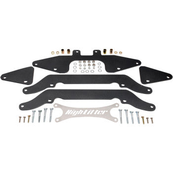 A set of metal plates, bolts, nuts, and washers neatly arranged on a white background features the Lift Kit Front Back 2.00 by High Lifter—perfect for ATV lift kit installations that need extra clearance.