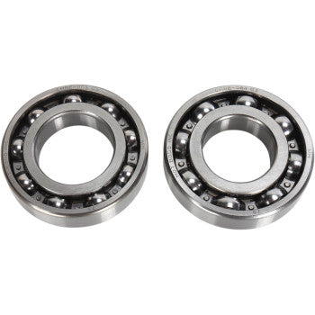 Two Honda Crankshaft Bearings by Hot Rods, featuring visible steel balls in a circular track, are shown side by side against a white background. These metal bearings are commonly used as main bearings in crankshaft assemblies.
