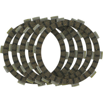 Four Clutch Kit by Ebc friction plates arranged to showcase their textured surfaces, notched edges, and a durable clutch material renowned for excellent heat resistance.