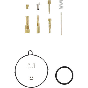 The Yamaha Carburetor Repair Kit by Shindy includes brass jets, a spring, needle, float valves, and various rubber and metal rings—ideal for carburetor rebuilds—arranged neatly on a white background.