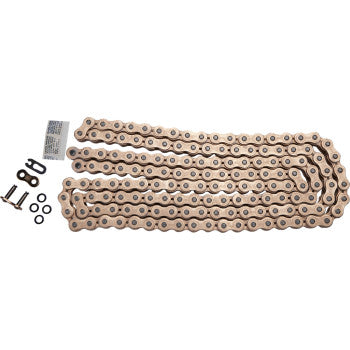 The 520 SRX2 Drive Chain 150 Links Gold by Ek, an OEM replacement with reduced friction, is shown in a zigzag layout with master link, pins, and O-rings on a white background.