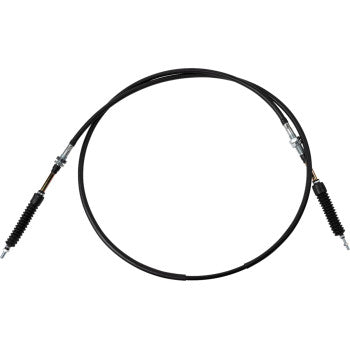 Black flexible UTV shifter cable with metal connectors and protective rubber boots on both ends.