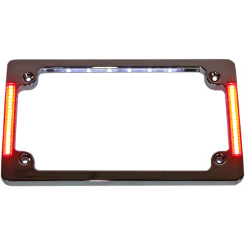 The License Plate Frame with LED Flat Chrome by Custom Dynamics features dual intensity red LEDs on the sides and top for motorcycle brake and turn signals, with side lights glowing red and an open center to display your license plate.