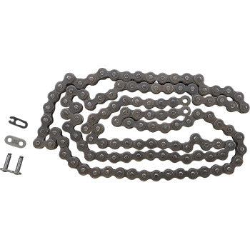 The 428 Standard Drive Chain 120 Links by Did is displayed in a loose, wavy pattern beside a connector link and two small metal pins on a plain white background.
