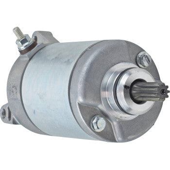 The Polaris Starter by Parts Unlimited is a silver cylindrical electric motor with a metal housing, central gear shaft, mounting bolts, and terminal post with nut and washer, designed to meet OEM specs for reliable starting.