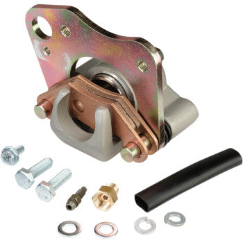 The Polaris Brake Caliper Left by Quad Logic includes mounting brackets, a handle, bolts, washers, fittings, and black tubing—shown on a white background as the perfect OEM replacement part.