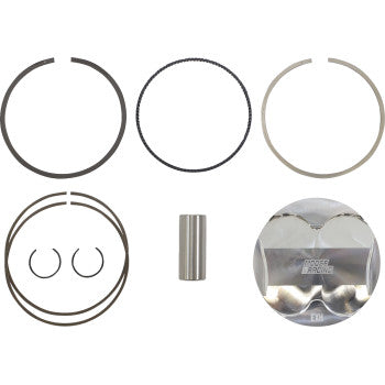 The Kawasaki - Suzuki Piston Kit 90.00 mm by Moose Offroad is displayed on a white background, showing the piston, full radius dome, piston rings, circlips, wrist pin, and other related parts.