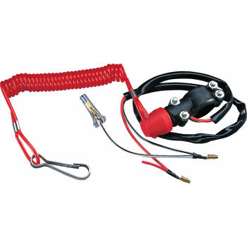 The Tether Switch by Parts Unlimited, featuring a red coiled cord, black handlebar mount, silver clip, red cap, and exposed wire connectors, is displayed on a white background.