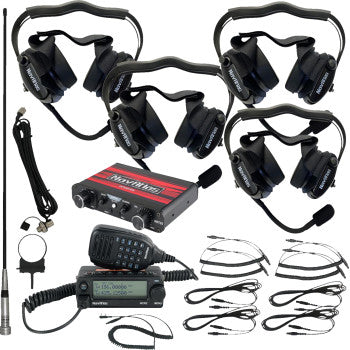 The Navatlas Intercom Radio and Headset Kit 4 Seat Black includes four black headsets with microphones, a dual band radio transceiver, antenna, control box, cables, and mounting accessories arranged on a white background.