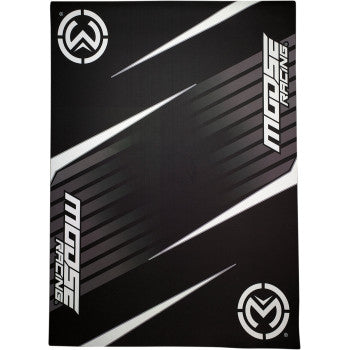 The ATV Absorbent Pit Pad Moose Black by Moose Offroad features anti-slip protection and a professional design, including diagonal gray stripes and Moose Racing logos, making it ideal for keeping pits clean and stylish.