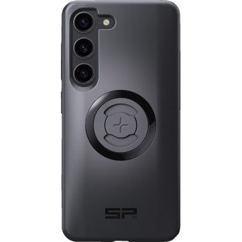 The SPC+ Phone Case Samsung Galaxy S23 by Sp Connect is a black case with three camera cutouts, a central circular magnetic ring mount, and the SP logo at the bottom.