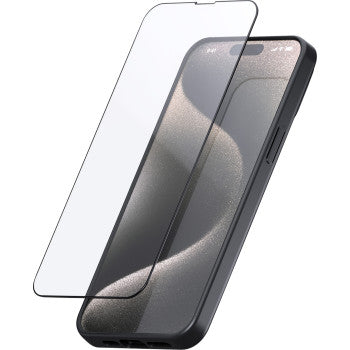 The Screen Protector Glass iPhone 15 Pro Max / Plus by Sp Connect is shown above a black-framed smartphone display, ready to be applied.