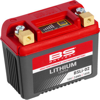 Compact rectangular lithium battery with a red top and black body, gold and silver terminal posts, and a label showing 12V,.
