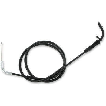 A Kawasaki Black Vinyl Choke Cable by Parts Unlimited with metal end fittings—one straight, one right-angled—coiled loosely on a white background. This cable offers dependable performance for your motorcycle.