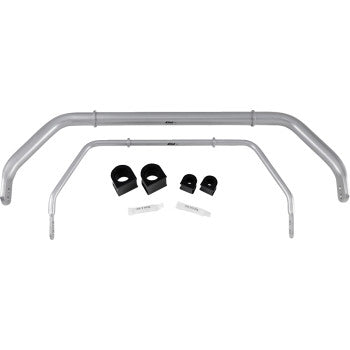 The Eibach Anti Sway Bar Front & Rear kit includes two metallic bars with curved ends, four black mounting brackets, and two white labels, arranged on a white background—perfect for reducing body roll in your UTV.