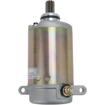 Silver cylindrical Yamaha starter motor with mounting bracket and gear shaft tip.