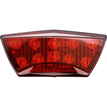 Red trapezoid-shaped LED taillight with multiple circular lights and a clear outer lens.