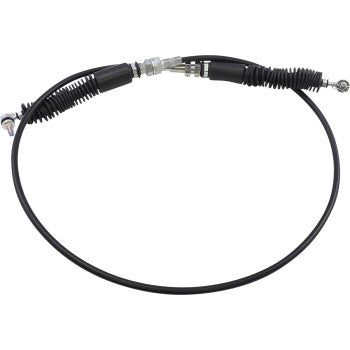Black Polaris UTV shifter cable with flexible rubber boots and metal connectors at both ends.