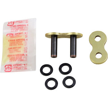The 520 Max X Connecting Link Rivet Gold by RK includes a replacement link, gold outer plate, four black O-rings, and chain grease packet—all displayed on a white background.