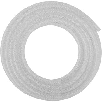 The Emgo Reinforced Fuel Line Clear 3/16 x 25 is a coiled, translucent white braided vinyl hose, displayed in a circular shape on a plain white background.
