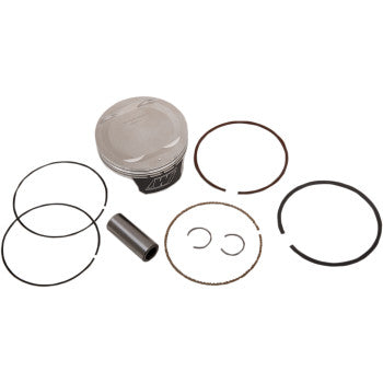 The Yamaha Piston Kit 102.00 mm by Wiseco includes a forged silver 4-stroke piston, performance piston rings, a wrist pin, and two circlips, all displayed on a white background.