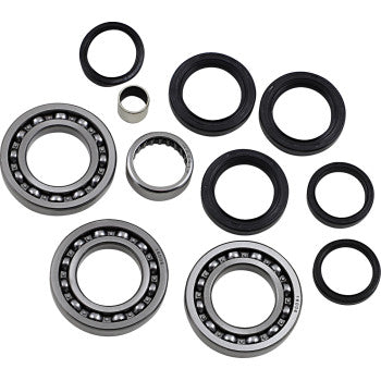 Set of metal ball bearings and black rubber seals of various sizes for differential bearing assembly.