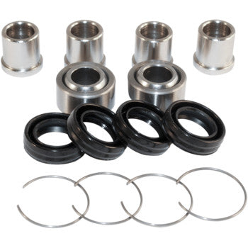 The A-Arm Repair Kit Front Upper Lower by Epi includes metal bushings, black rubber seals, thin metal retaining rings, and bearings—all neatly arranged for ideal A-Arm pivot assembly.