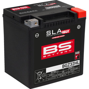 Compact black SLA Max battery with bold red and white BS Battery logo, model BGZ32HL, sturdy rectangular shape with top.