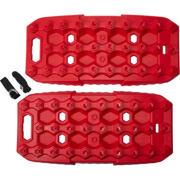 The XTrax Off Road Recovery Boards Red by Caliber feature innovative hexagonal tread patterns and handle cutouts. The set includes two boards and black straps with buckles for easy carrying or securing your traction gear.