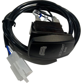 The Brite-Lites Rocker Switch with Connector Light Bar, in black, includes a wire harness with junction connector and exposed wire ends, all coiled together on a white background.